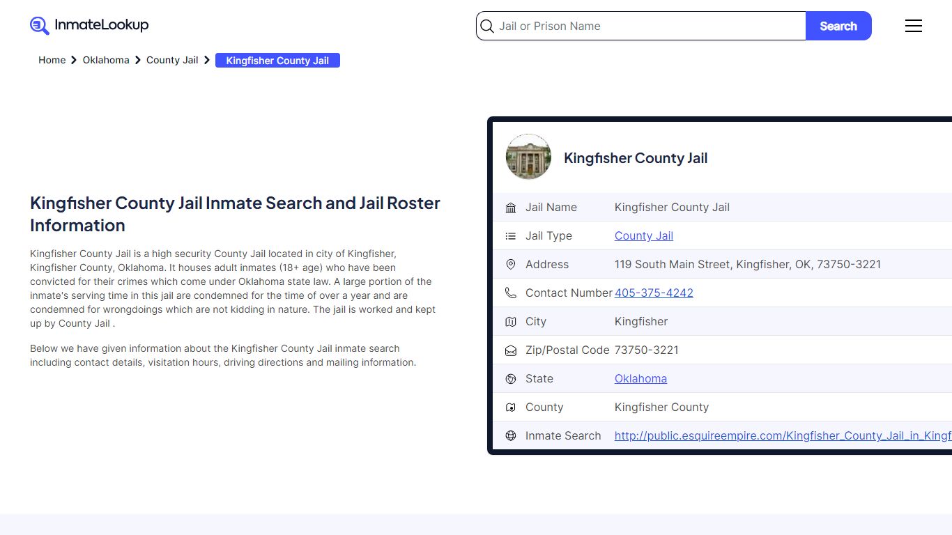 Kingfisher County Jail Inmate Search and Jail Roster Information