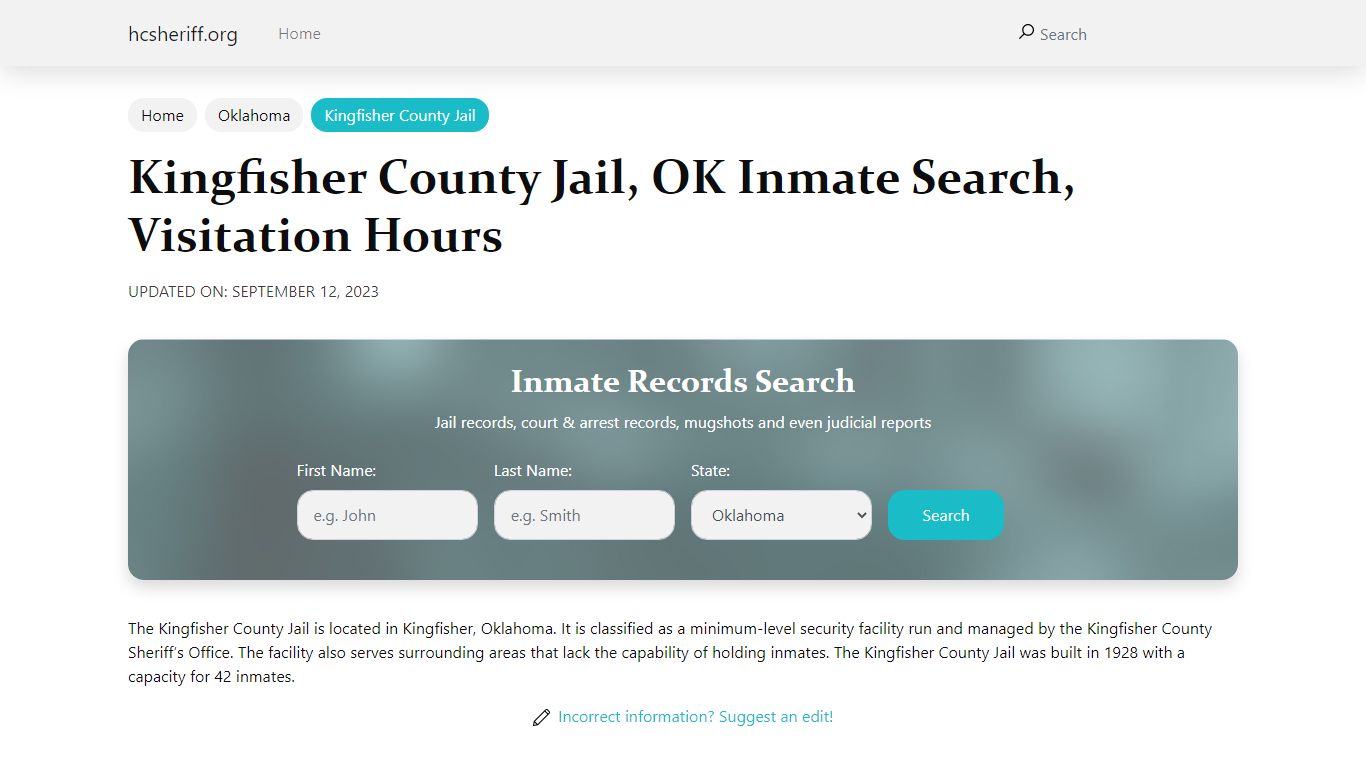 Kingfisher County Jail, OK Inmate Search, Visitation Hours